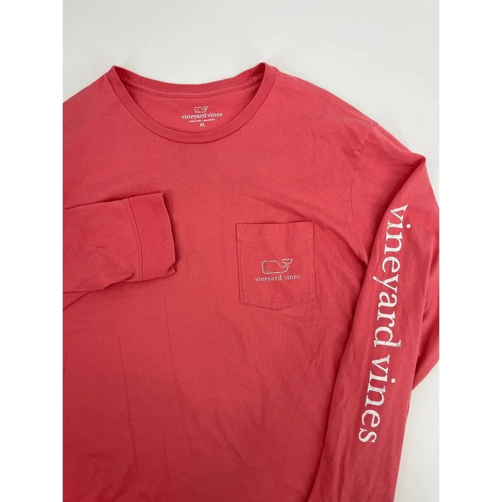 Vineyard‎ Vines Mens XL Long Sleeve Pocket T-Shirt Coral Pink Whale Graphic Tee